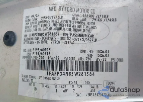 2005 Ford Focus Zx4 from USA, damaged, VIN 1FAFP34N85W281584